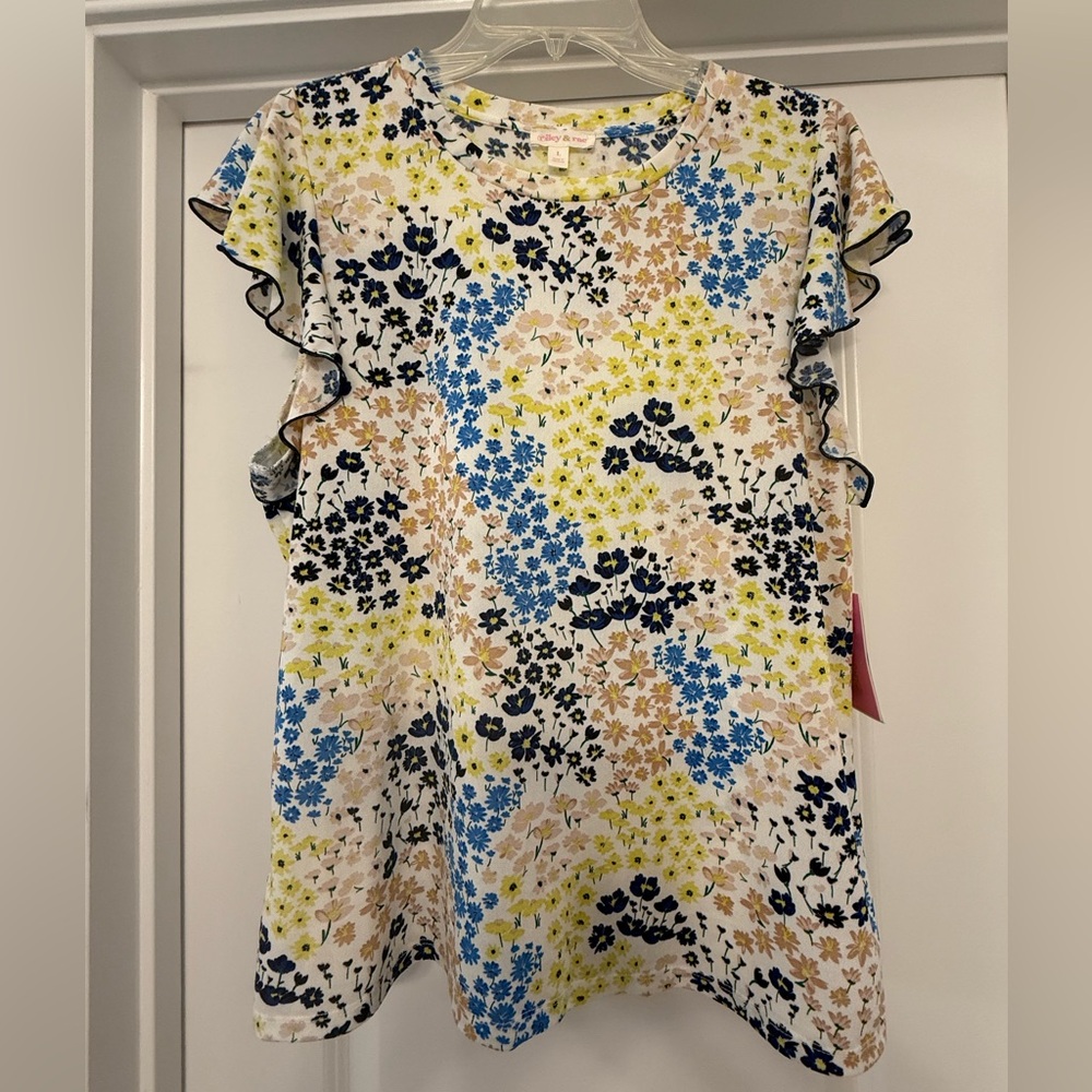 NWT Riley & Rae Floral Ruffle Sleeve Top - Blue, Yellow, Navy & Mauve